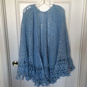 VINTAGE Crocheted Shawl Cape Light Blue Mohair Handcrafted Boho